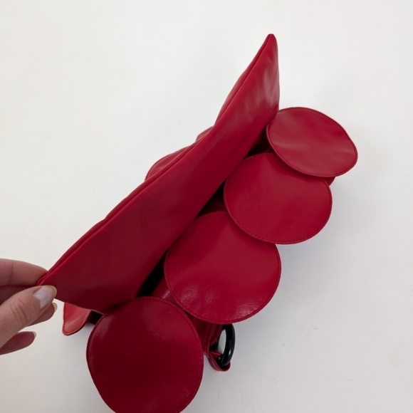 Scalloped Shoulder Bag Purse Handbag Beaded Faux Leather Pleather Cherry Red - Picture 2 of 10